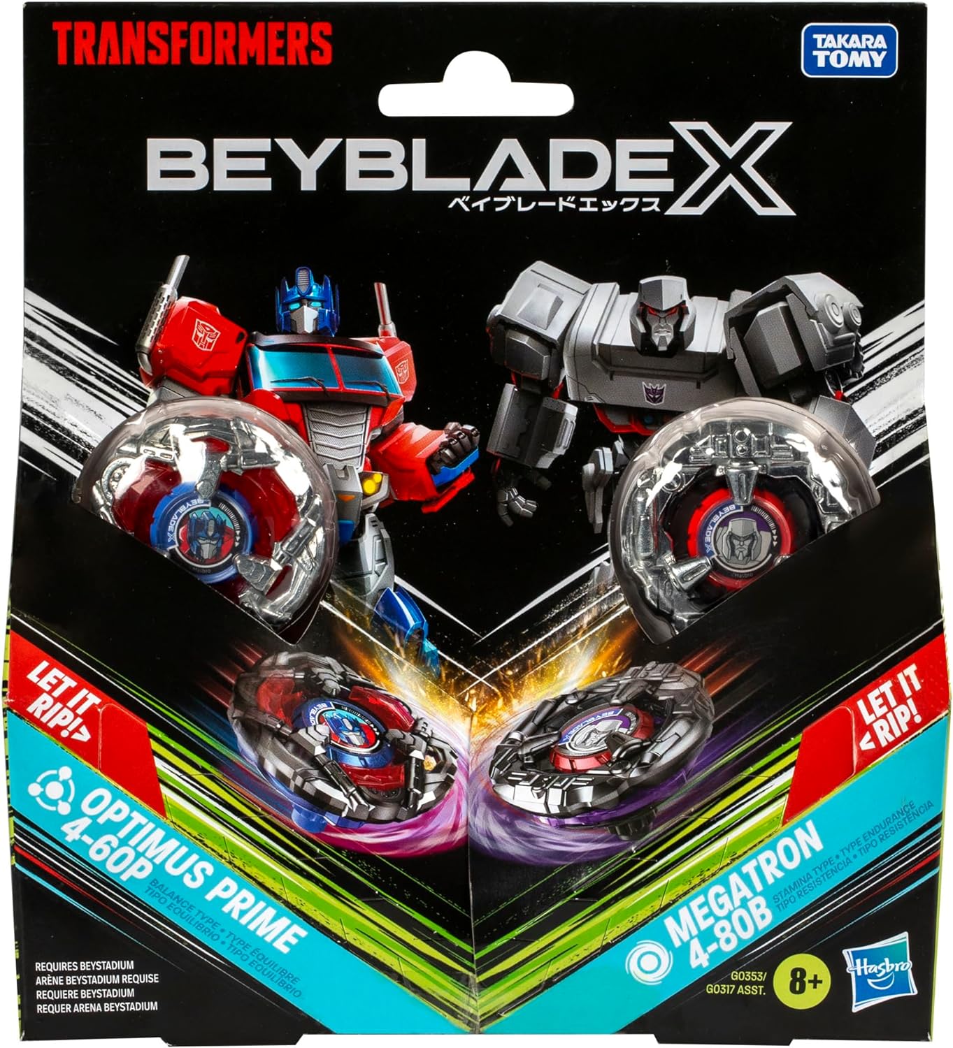 Beyblade X Transformers Collab Optimus Prime 4-60P vs. Megatron 4-80B Multipack Set with 2 Tops & 2 launchers