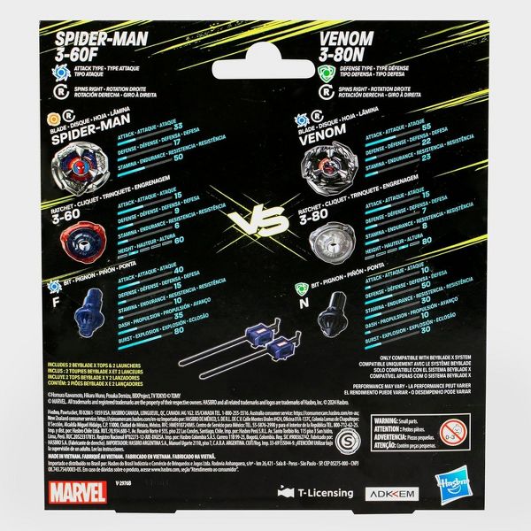 Beyblade X Marvel Spider-Man 3-60F vs. Venom 3-80N Multipack Set, Includes 2 Right-Spin Tops & Launchers
