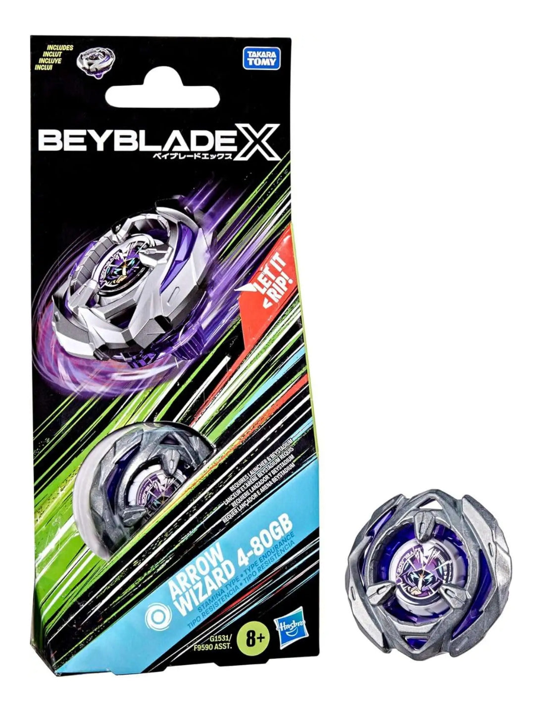 Beyblade X Arrow Wizard 4-80GB front view with stamina-type blade
