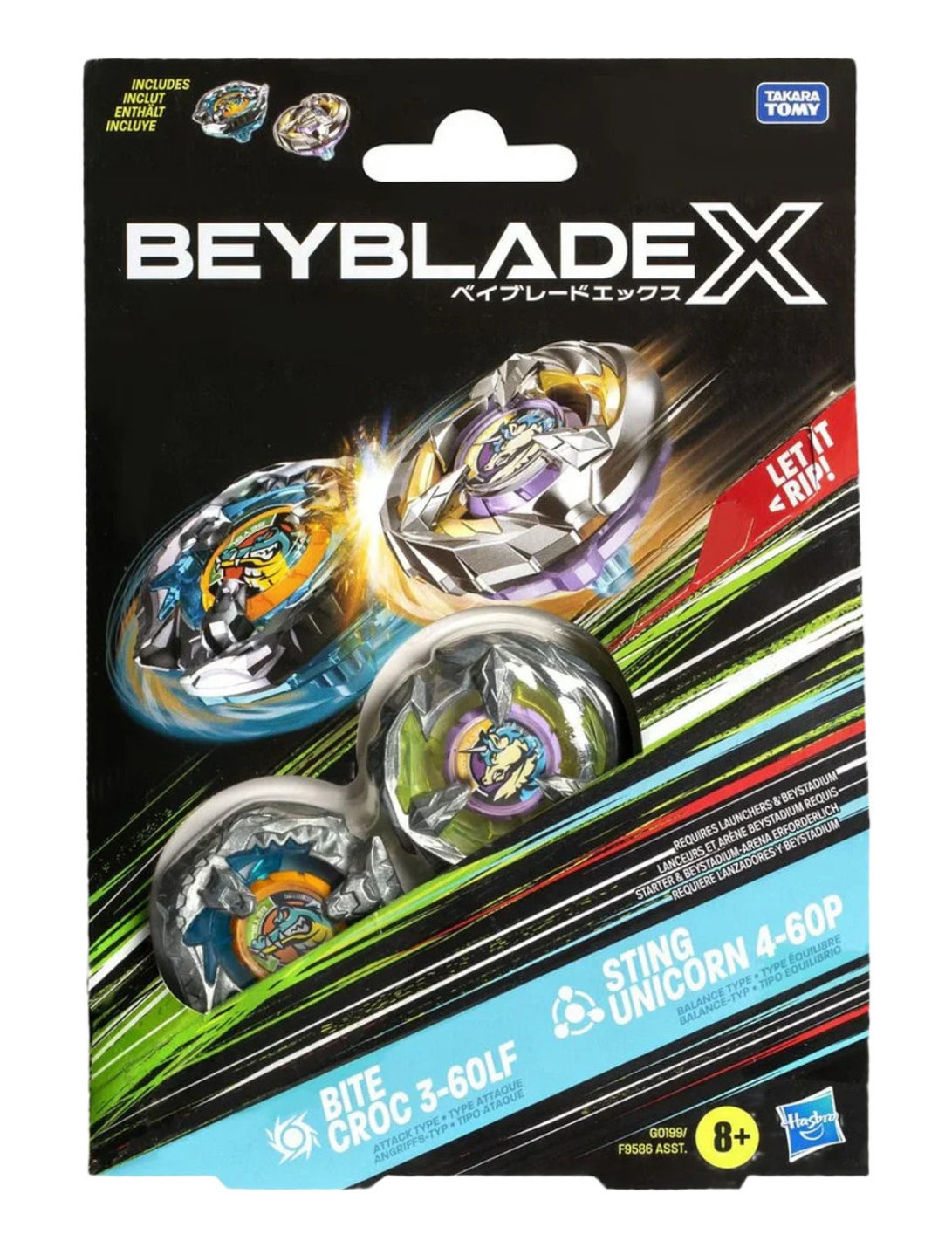 Beyblade X Bite Croc 3-60LF and Sting Unicorn 4-60P Dual Pack front view