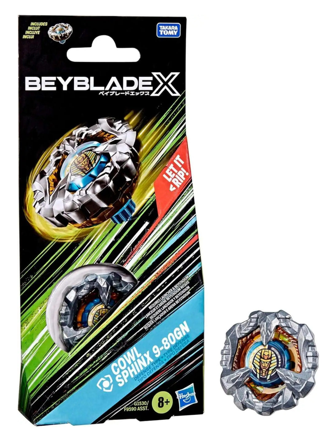 Beyblade X Cowl Sphinx 9-80GN front view with defense-type blade