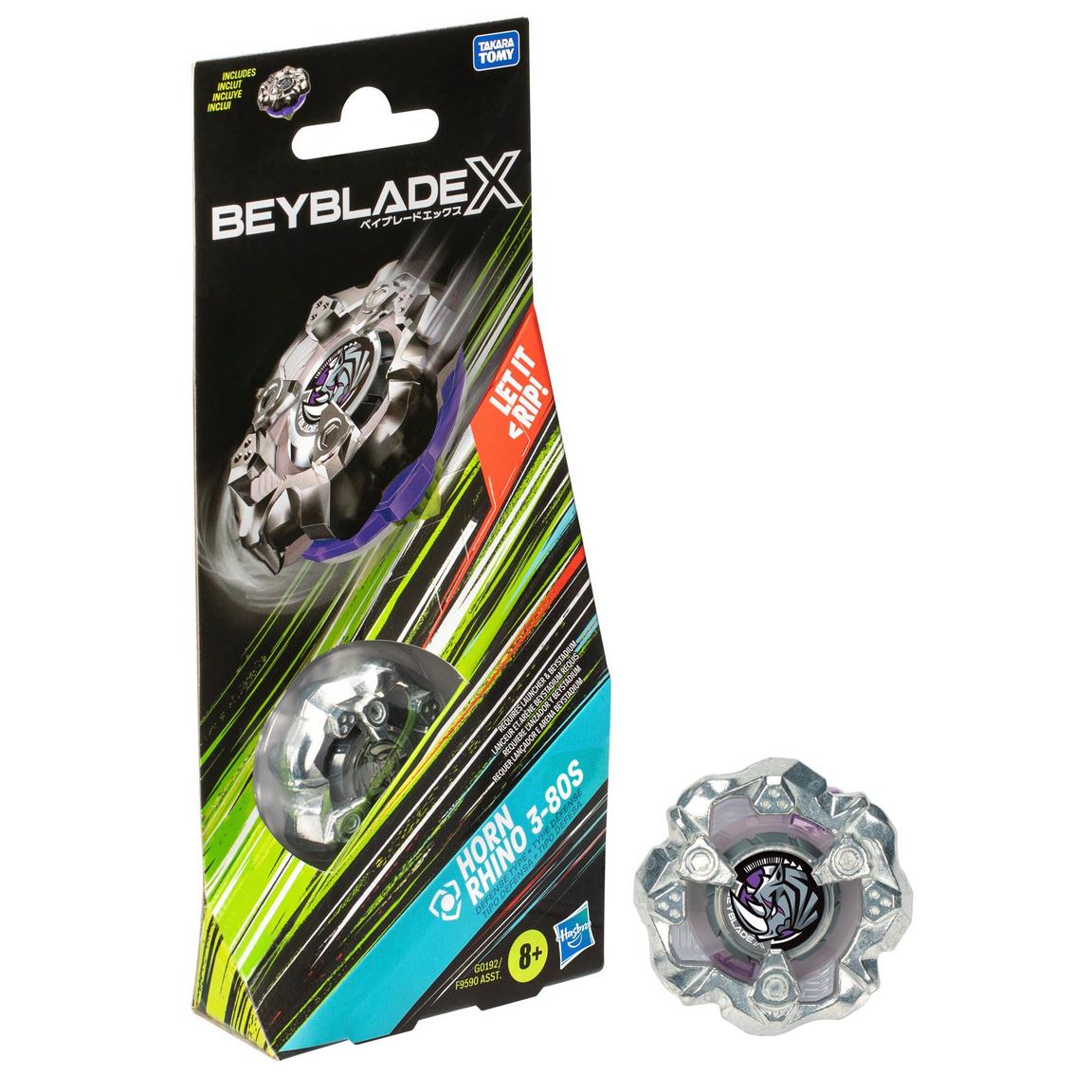 Beyblade X Horn Rhino 3-80S Booster Pack front view with defense-type top