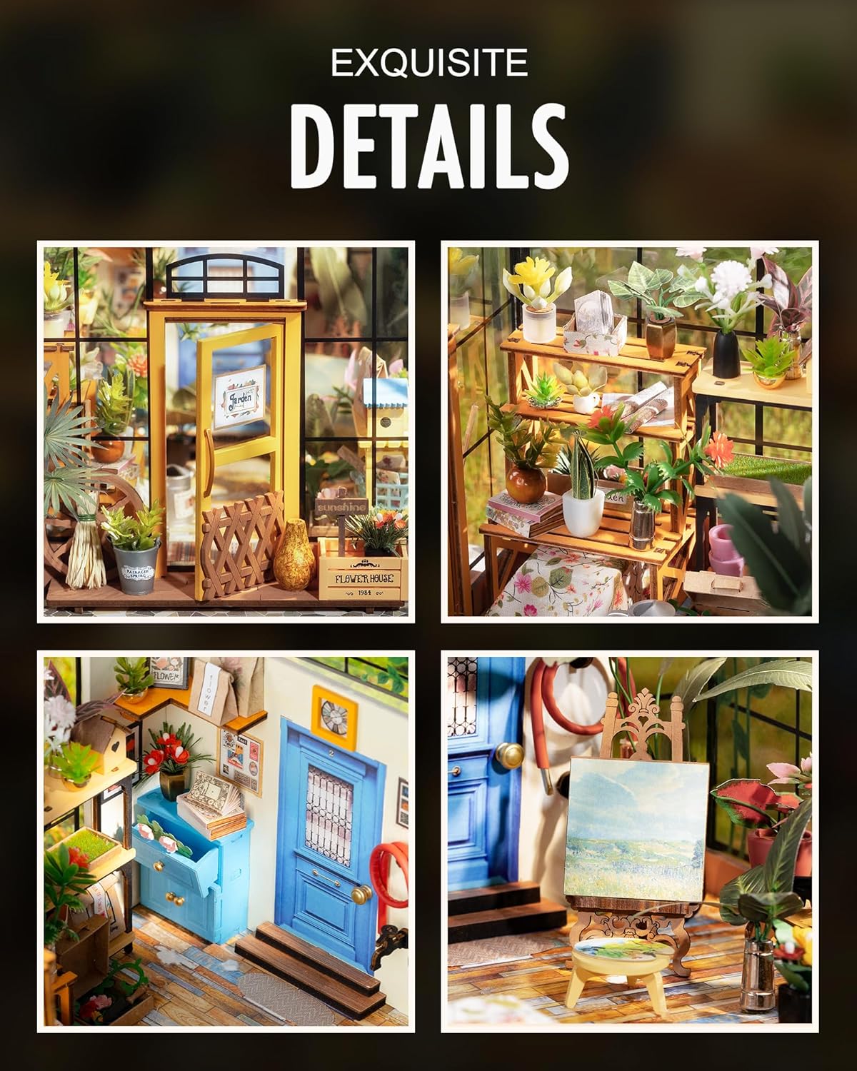 Botanical craft details of Cathy's Flower House miniature greenhouse