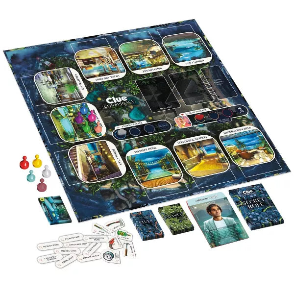 Clue Conspiracy secret role cards and identity envelopes display