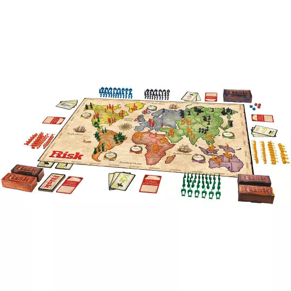 Top view of Risk board game gameboard with continent map