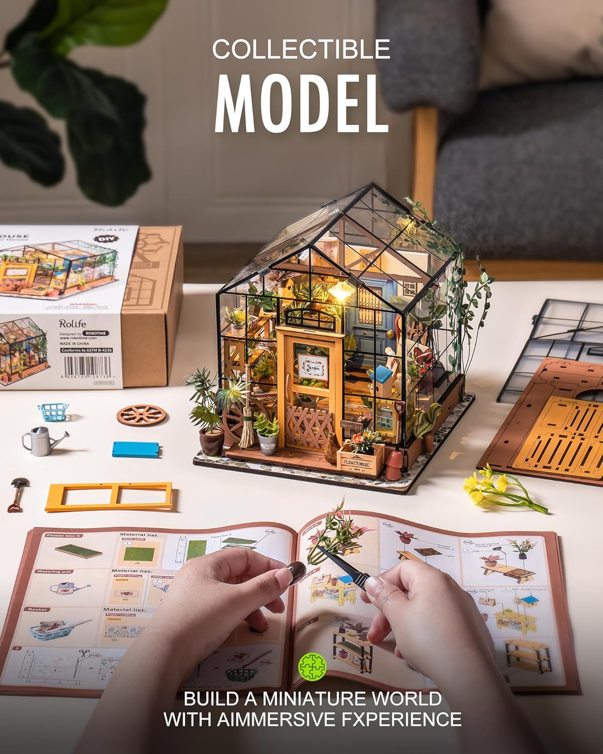 Interior decor of Cathy's Flower House miniature with vibrant plants
